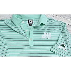 FootJoy Athletic Fit Golf Polo Shirt Mens Light Blue White Stripe MEDIUM Patches